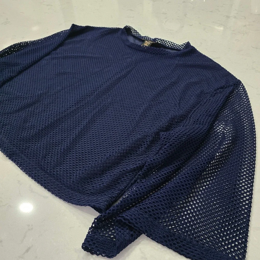 RAIN Navy Blue Mesh Lace Overlay Top Wide Bell Sleeve Crew Neck Size Large
